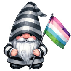Pride Month wearing rainbow clothes, LGBTQ+ gnome holding colorful LGBTQ+ flags, homosexuality. transparent background