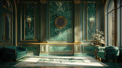 Obraz premium A fancy stylish room with colors dark green and gold. Generative AI.