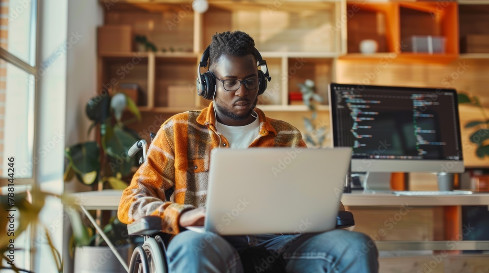 Poster programmer working on a laptop