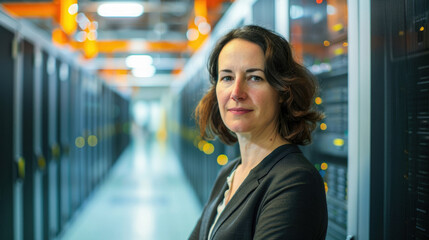 portrait of middle-aged businesswoman female with long brown hair working against the background of a bright and large server data center in charge as CTO company created with Generative AI Technology