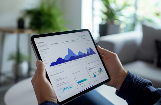 Tablet, screen and hands of person with statistics for online growth, development and sales in home. Charts, graphs and digital app for data analytics, financial investment and crypto market profit