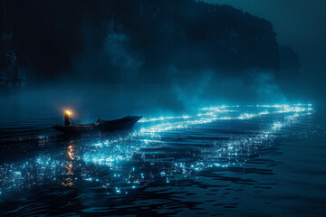 A scene where a fisherms boat leaves a glowing trail in the dark water, turning an ordinary nig - obrazy, fototapety, plakaty