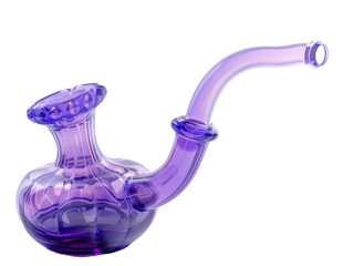 A decorative purple glass water pipe displayed on a white background highlighting its unique design and craftsmanship