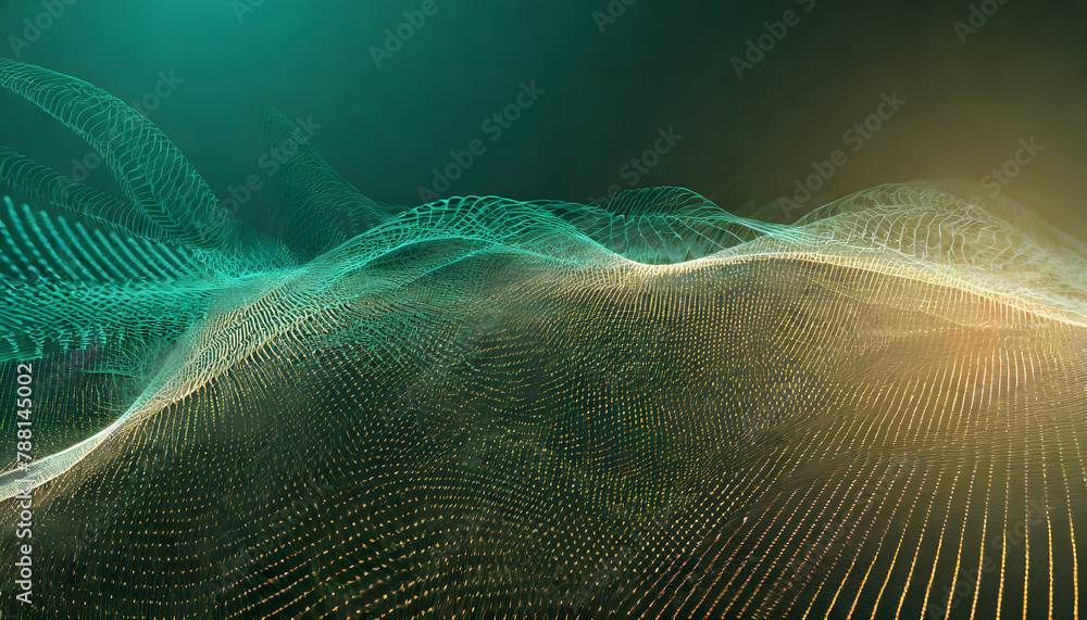 Poster technology digital wave background concept.beautiful motion waving dots texture with glowing. genera