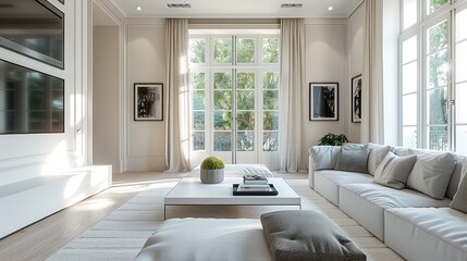 Obraz premium Modern style living room decorated with white furniture, gray cloth sofas, white walls. Generative AI.