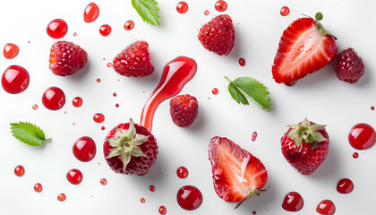 Drops of sweet strawberry jam and fresh berry on white background - obrazy, fototapety, plakaty