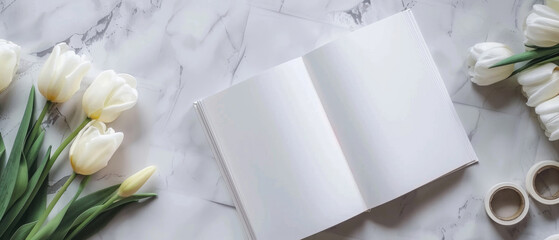 open empty mockup blank notebook with blooming white tulips flowers and bright tape lying next to it on a wooden table created with Generative AI Technology - obrazy, fototapety, plakaty