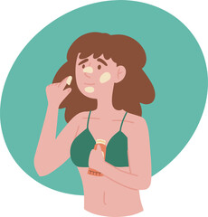 Portrait of woman using skincare holding squeezing lotion sunscreen tube illustration