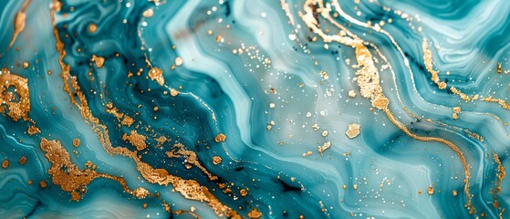 Abstract aqua and gold marble fluid dynamics