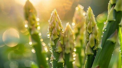 Close-up of dew on asparagus soft light - obrazy, fototapety, plakaty
