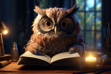 Studious Owl Reading Book by Candlelight at Night