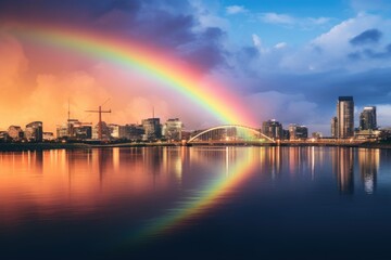 Naklejka na ściany i meble Vibrant Rainbow Over City Skyline at Dusk