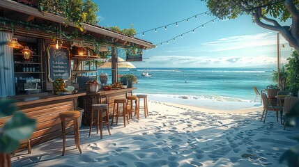 A coffee shop located on a sandy beach next to the ocean. Generative AI.