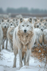 Obraz premium An image capturing the moment an Arctic wolf leads its pack across a vast, snowy landscape in pursui