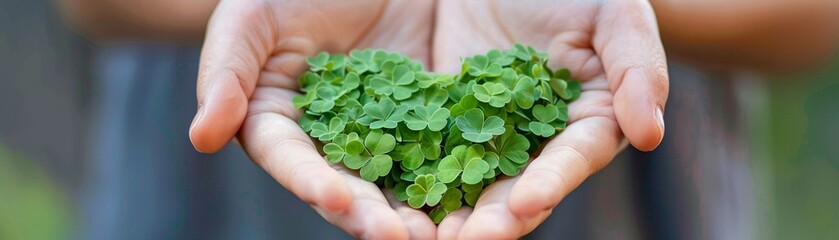 Heart-shaped clover in hands close-up