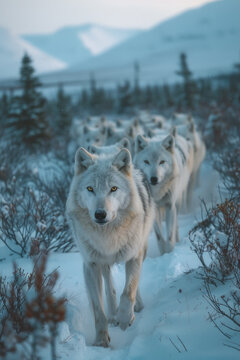An image capturing the moment an Arctic wolf leads its pack across a vast, snowy landscape in pursui