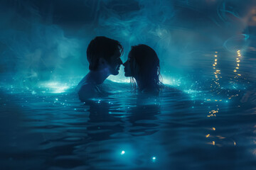 A depiction of a romantic midnight swim, where a couple is surrounded by the ethereal glow of biolum