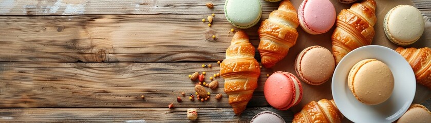 Overhead of buttery croissants assorted macarons - obrazy, fototapety, plakaty