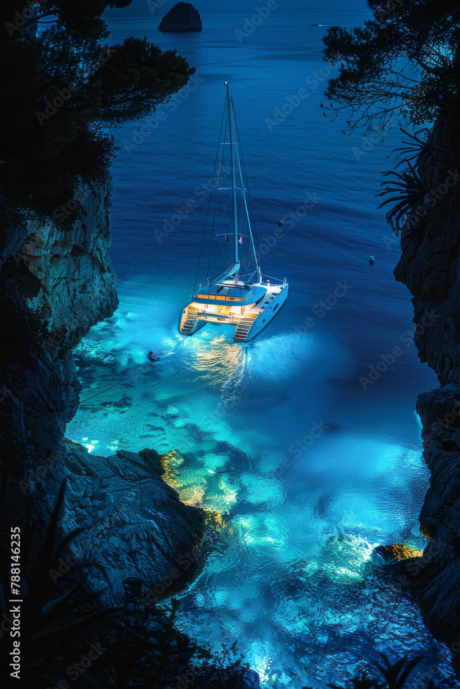 Poster an image of a catamaran moving slowly through a bioluminescent bay, its hull surrounded by a glowing