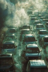 Vehicles stuck in a traffic jam emit fumes on a hot day