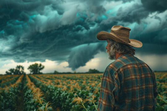 An image of a farmer watching apprehensively as a supercell forms over his fields, the crops bending