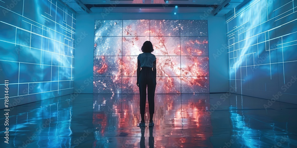 Poster A person standing in front of a large scale immersive display in a virtual production studio. Generative AI.