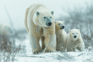 An image of a polar bear mother gently guiding her cubs over a snowy ridge, teaching them how to nav - obrazy, fototapety, plakaty