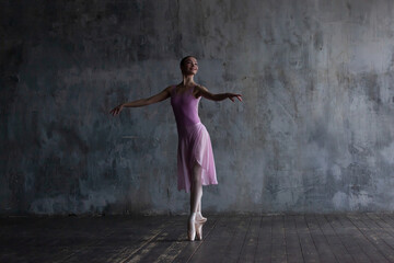 Ballerina in a pink dress stands on pointe shoes while dancing.