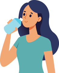 Illustration of a woman thirsty and drinking water from a bottle