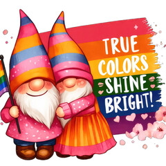 Pride Month wearing rainbow clothes, LGBTQ+ gnome holding colorful LGBTQ+ flags, homosexuality. transparent background
