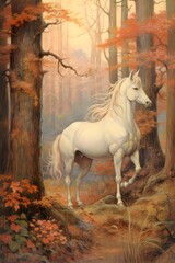 Vintage Antique old illustration of a white unicorn in a orange autumn forest style oil painting realistic art wall print background, invitation card, fairytale, children's book