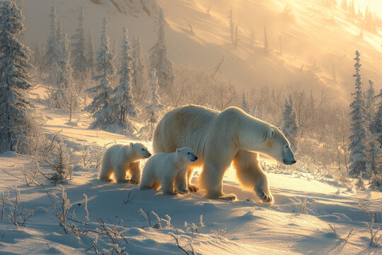 An image of a polar bear mother gently guiding her cubs over a snowy ridge, teaching them how to nav