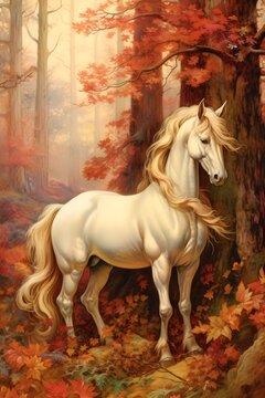 Vintage Antique old illustration of a white unicorn in a orange autumn forest style oil painting realistic art wall print background, invitation card, fairytale, children's book