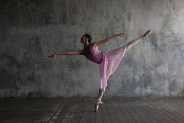 Ballerina in a pink dress performs warm-up elements.