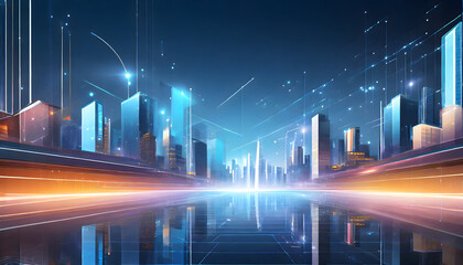 Vector illustration urban architecture, cityscape with space and neon light effect. Modern. Generative AI.