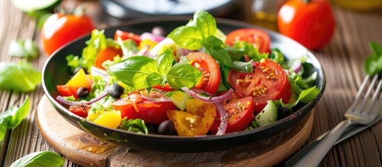 Diet meal consisting of a bowl of vegetable salad and a weight scale.