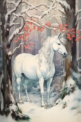 Fototapeta na wymiar Vintage Antique old illustration of a white unicorn in a snowy forest style oil painting realistic art wall print background, invitation card, fairytale, children's book