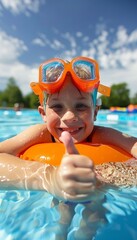 Child with inflatable ring gives thumbs up, recommending the enjoyable pool for swimming activities