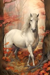Obraz na płótnie Canvas Vintage Antique old illustration of a white unicorn in a orange autumn forest style oil painting realistic art wall print background, invitation card, fairytale, children's book