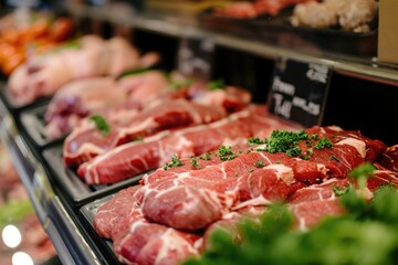 Fresh Raw Meat Display at Butcher Shop