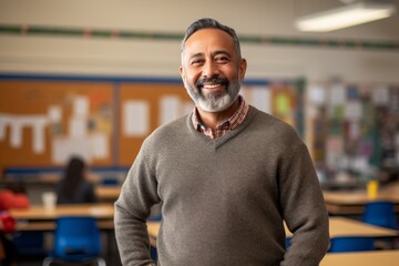 Obraz premium Portrait of a joyful indian man in his 50s wearing a cozy sweater in lively classroom background