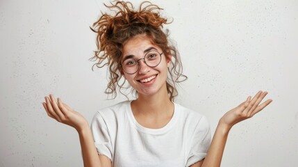 Cheerful Woman with Playful Expression - obrazy, fototapety, plakaty