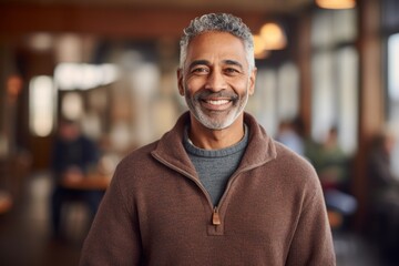 Portrait of a joyful indian man in his 50s wearing a cozy sweater over lively classroom background