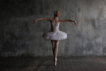 Slender ballerina in a white tutu dances the part of the white swan from the ballet Swan Lake.