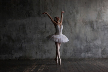 Ballerina in a white tutu dances the part of the white swan from Tchaikovsky's ballet Swan Lake.