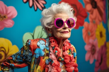 Portrait of a blissful elderly woman in her 90s wearing a trendy sunglasses in lively classroom...