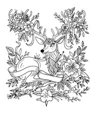Hand drawn coloring book page. Midsummer swedish holiday. Deer with antlers entwined with ribbons and flowers.