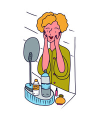 Woman in the bathroom washes her face in front of the mirror. Hand drawn vector illustration.
