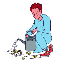 Guy waters spring seedlings in the garden with water from a watering can. Hand drawn vector illustration.