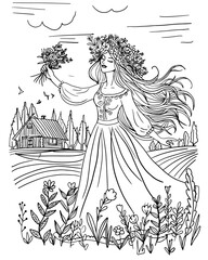Coloring book page for adult. Goddess with flowers. Midsummer holiday. Hand drawn vector illustration.